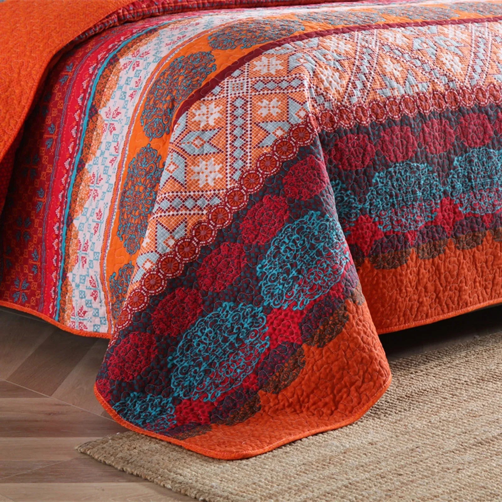 100% Cotton Rust Sapphire Boho Floral Coverlet Bedspread Set