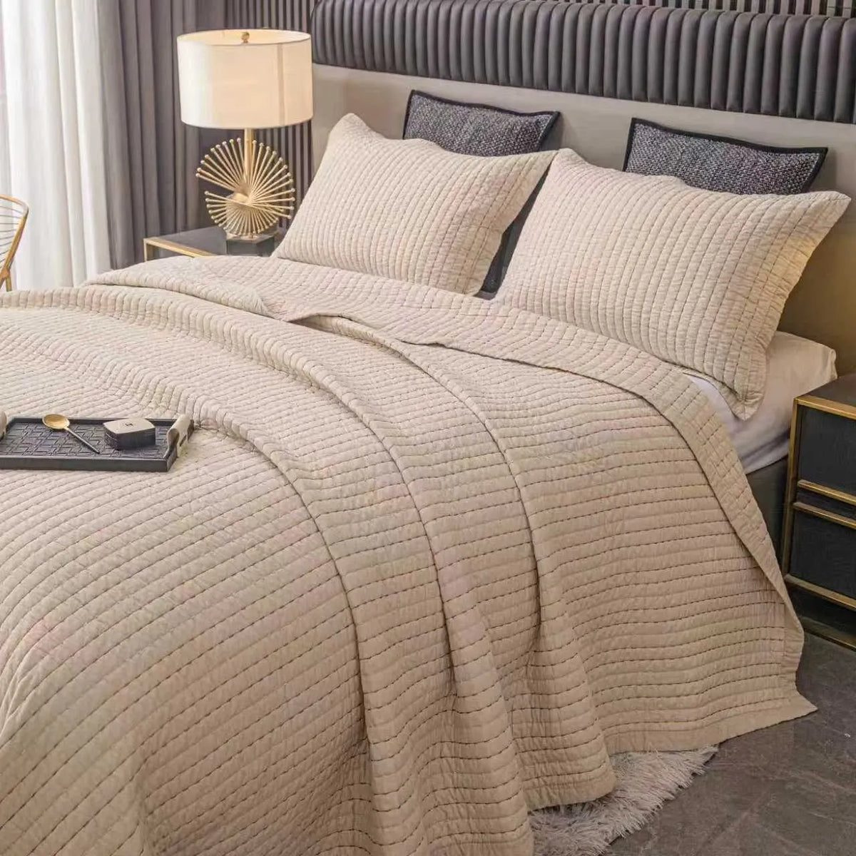 100% Cotton Embossed Taupe Linear Luxe Coverlet Bedspread Set
