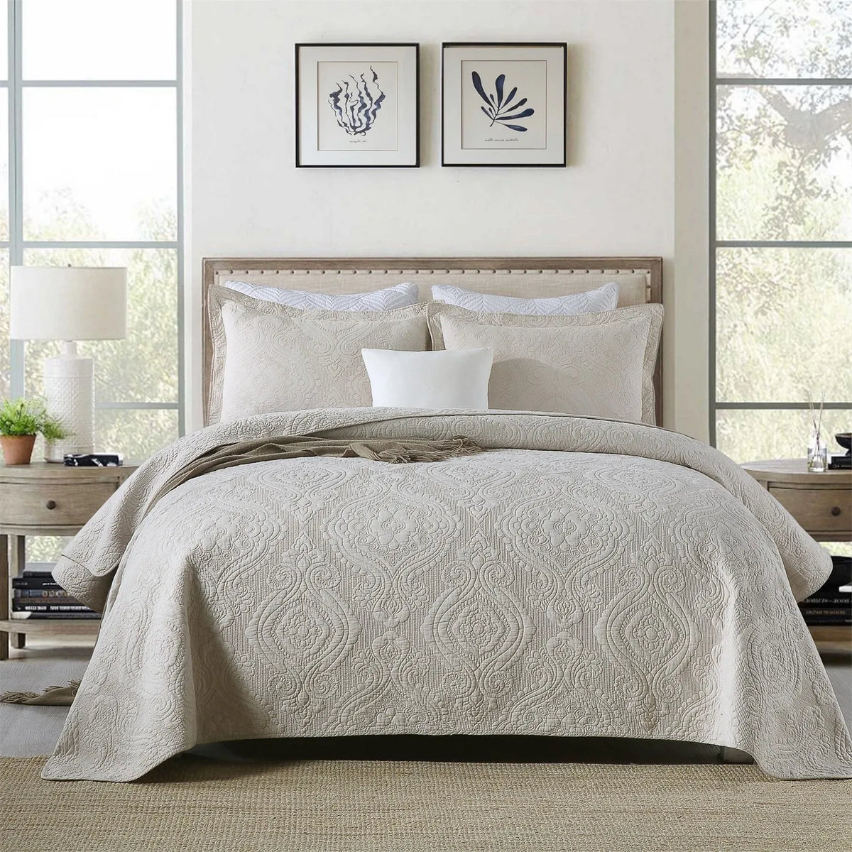 100% Cotton Embossed Ivory Floral Grace Coverlet Bedspread Set