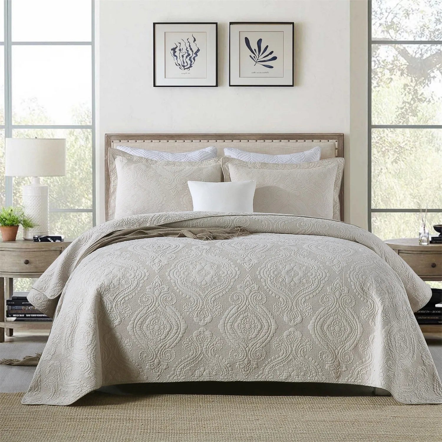 100% Cotton Embossed Ivory Floral Grace Coverlet Bedspread Set
