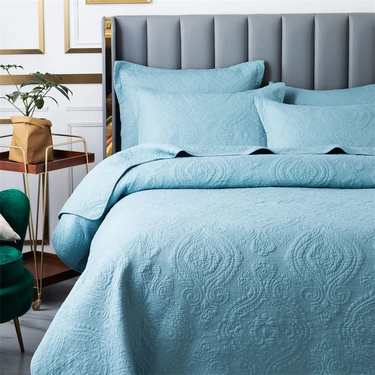 100% Cotton Embossed Sky Blue Bloom Coverlet Bedspread Set
