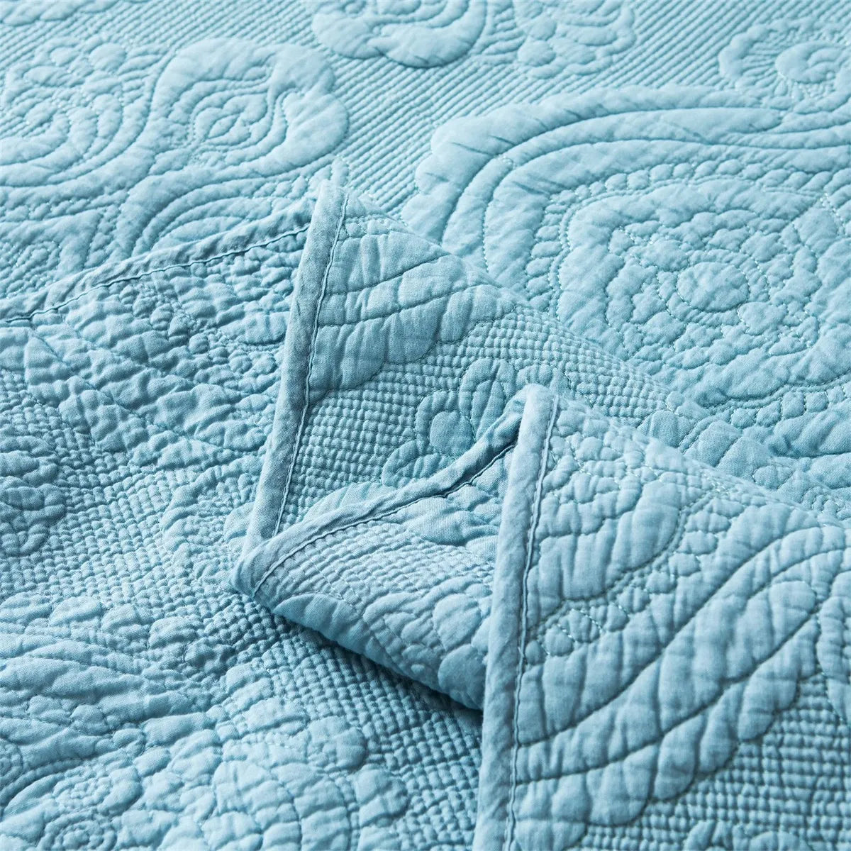 100% Cotton Embossed Sky Blue Bloom Coverlet Bedspread Set