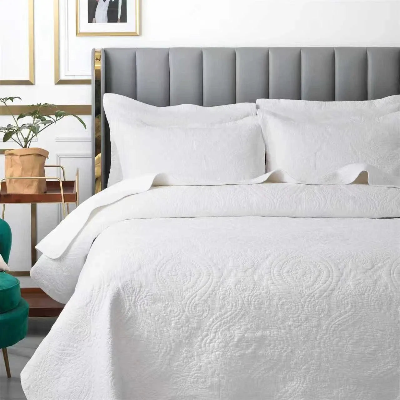 100% Cotton Embossed White Opal Coverlet Bedspread Set