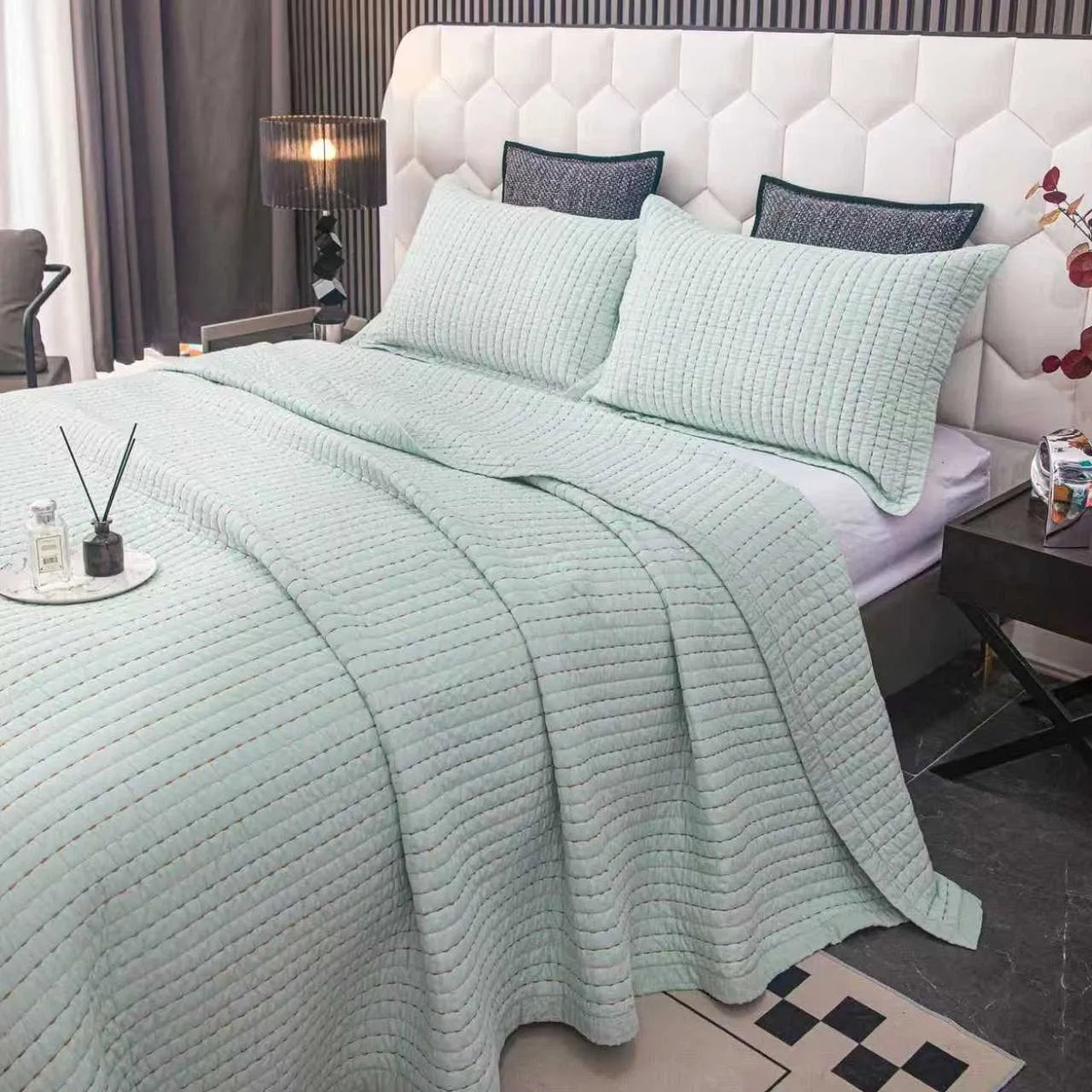 100% Cotton Embossed Mint Stripe Elysian Coverlet Bedspread Set