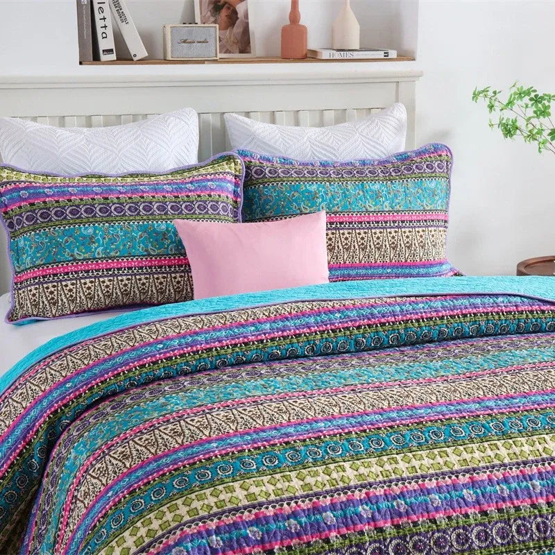 100% Cotton Violet Lagoon Floral Stripe Coverlet Bedspread Set
