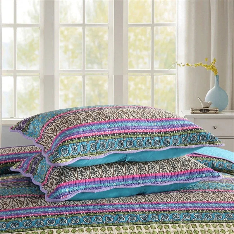 100% Cotton Violet Lagoon Floral Stripe Coverlet Bedspread Set