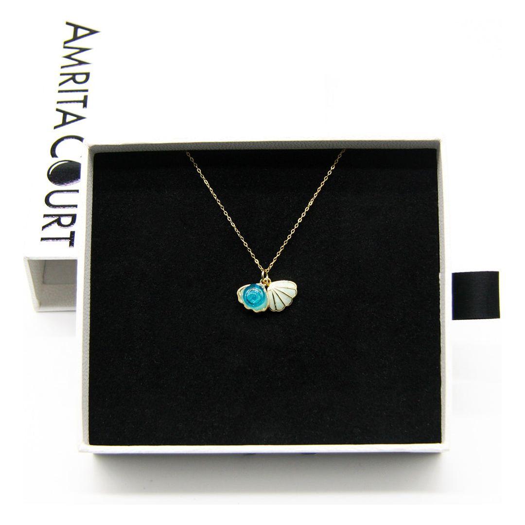 Gift Gox - Aroma Necklace 925 Silver, Gold coated - Green Shell Ocean Breeze (Light blue) + Purify Oil Blend