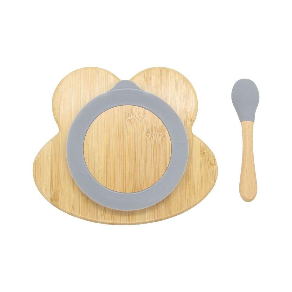 Bamboo Kids Children Baby Plate Bowl & Silicon Suction Cap Base & Spoon - Frog