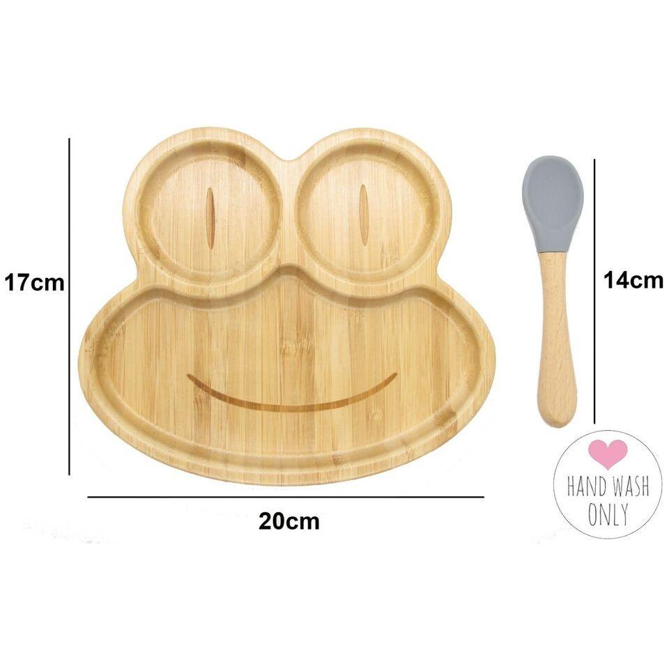 Bamboo Kids Children Baby Plate Bowl & Silicon Suction Cap Base & Spoon - Frog
