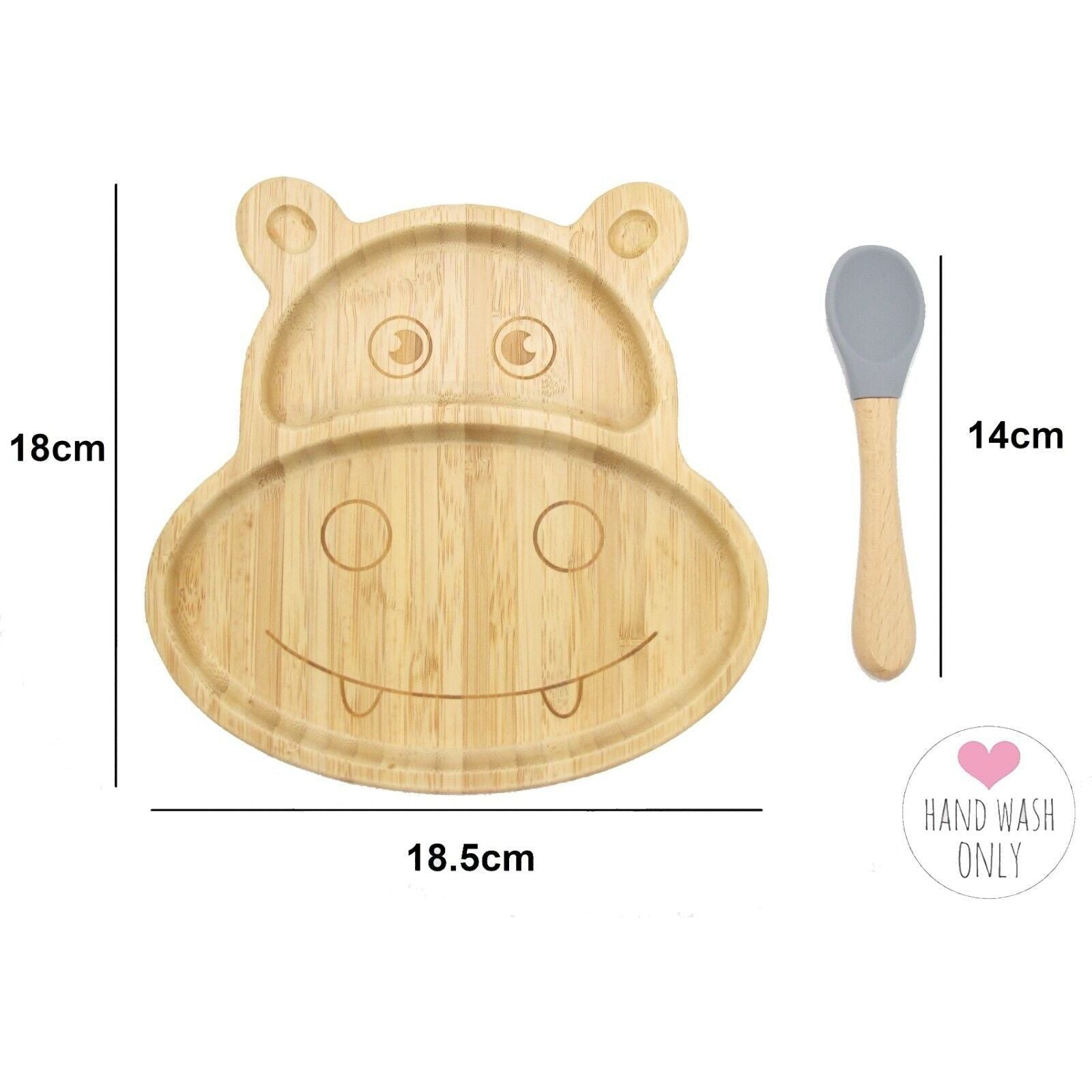 Bamboo Kids Children Baby Plate Bowl & Silicon Suction Cap Base & Spoon - Hippo