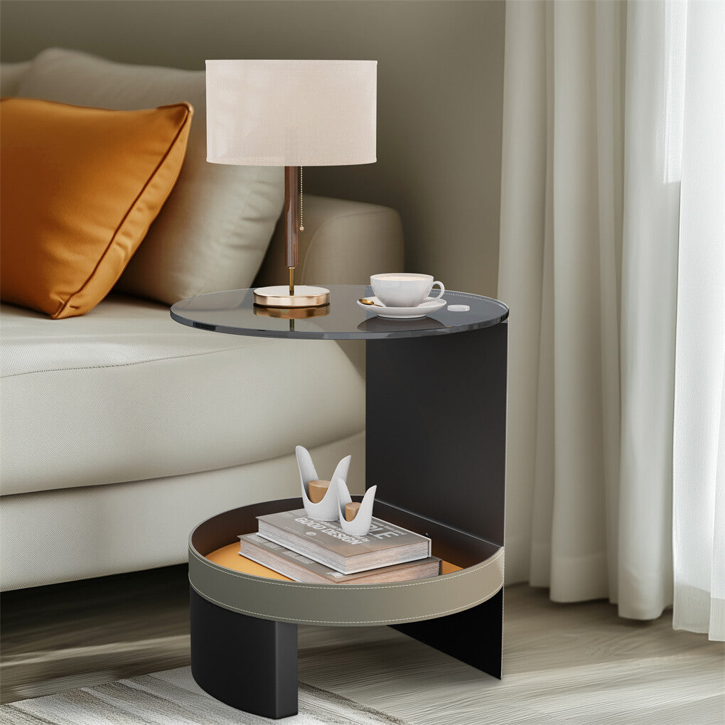 2 Tier Luxury Side End Table Glass Top Saddle Leather Storage Shelf Accent Table