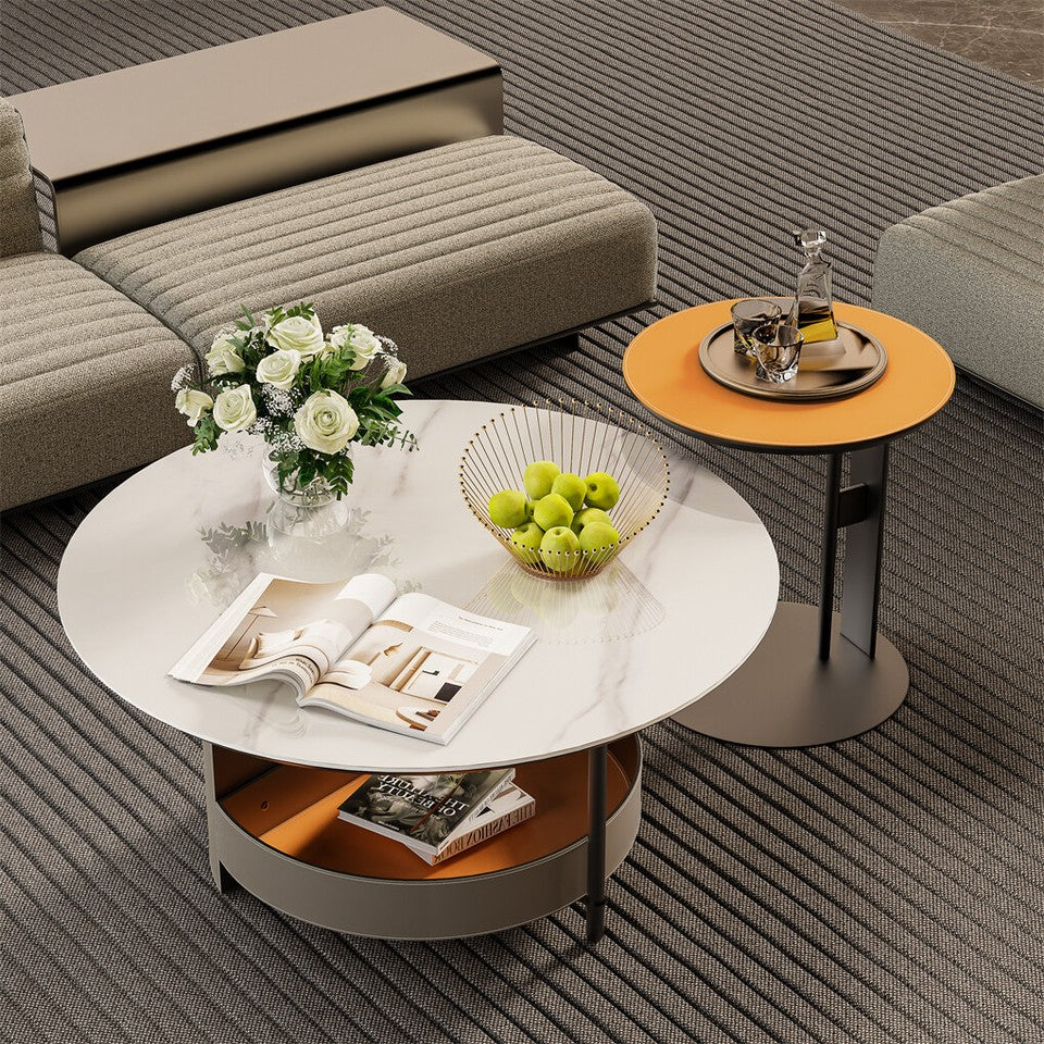 Xl Chic Sintered Stone Top Coffee Center Table Saddle Leather Shelf Accent Table