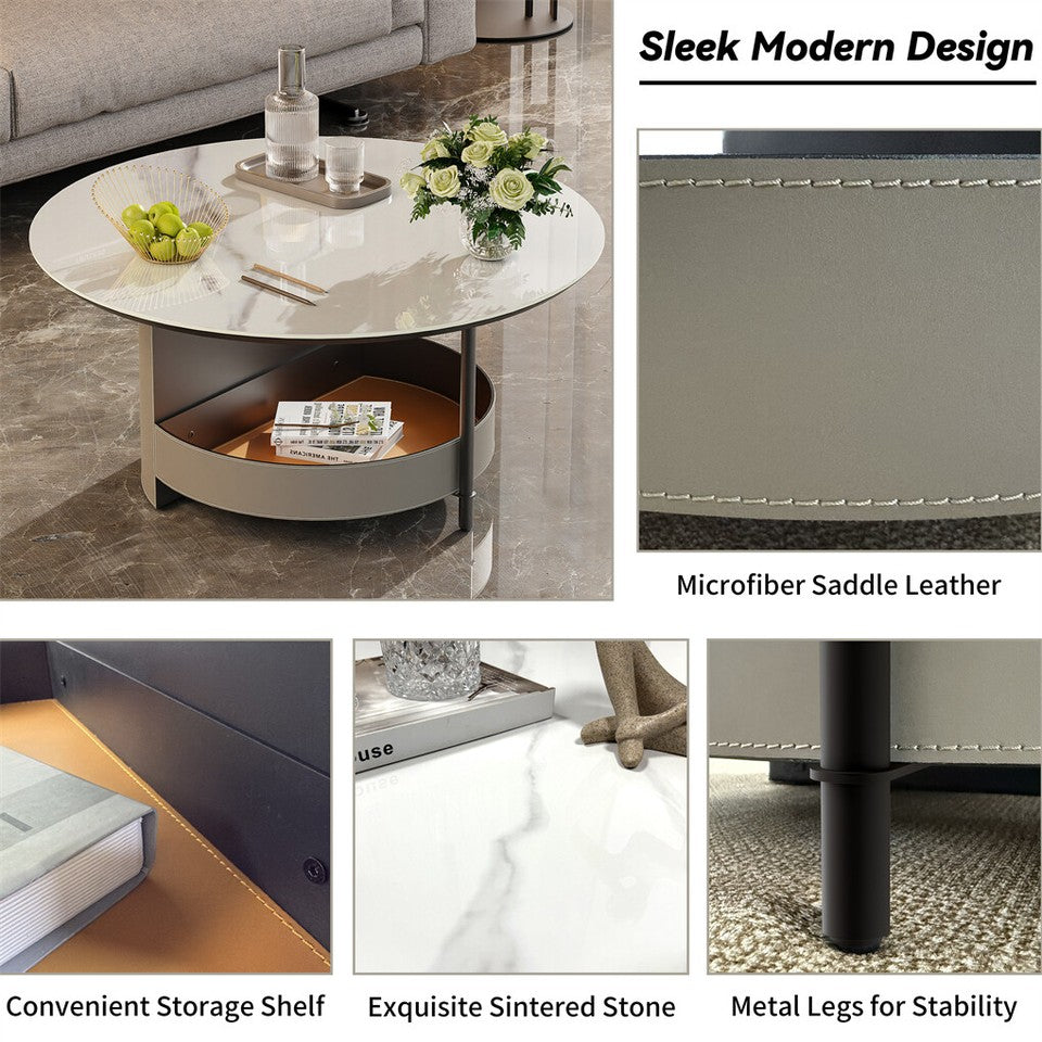 Xl Chic Sintered Stone Top Coffee Center Table Saddle Leather Shelf Accent Table