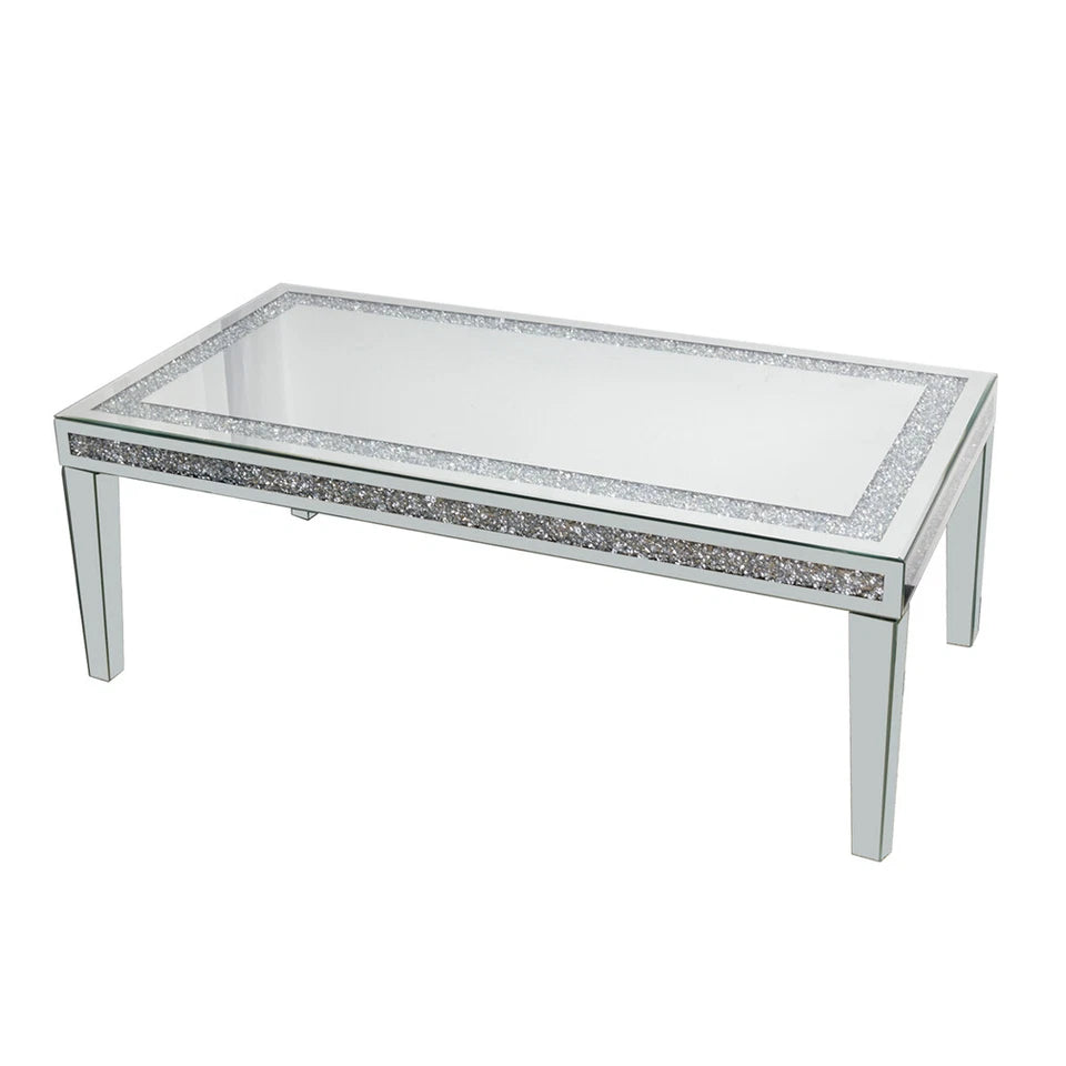 Silver Mirrored Coffee Table with Crushed Crystal Diamond Inlay Rectangular Center Table for Living Room