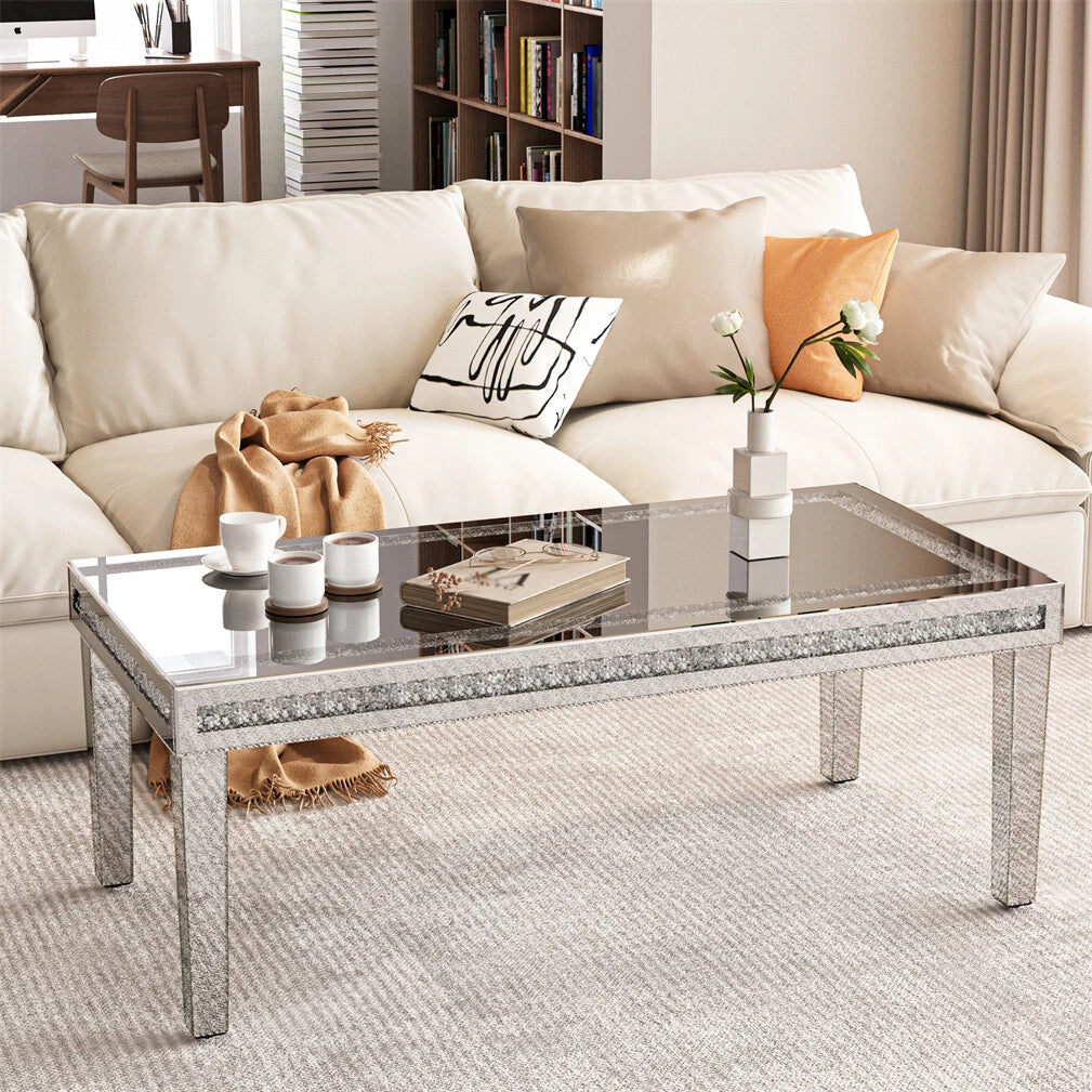 Silver Mirrored Coffee Table with Crushed Crystal Diamond Inlay Rectangular Center Table for Living Room