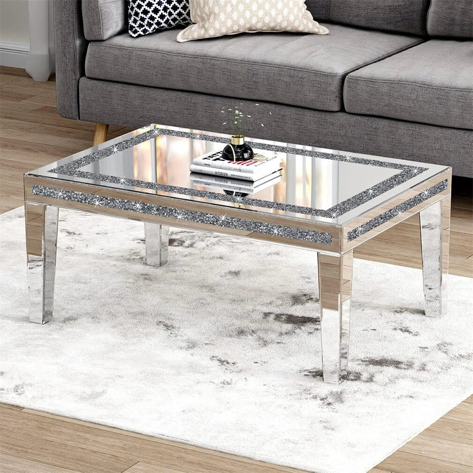 Silver Mirrored Coffee Table with Crushed Crystal Diamond Inlay Rectangular Center Table for Living Room