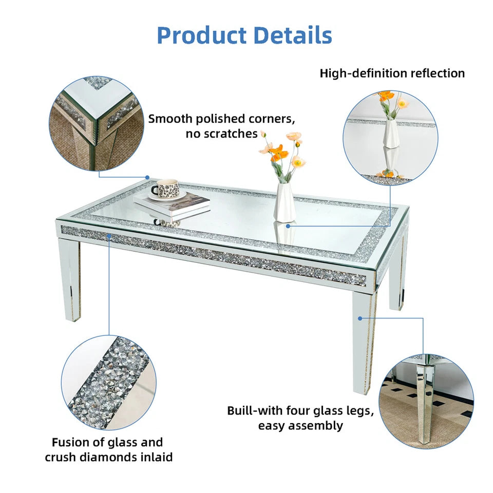 Silver Mirrored Coffee Table with Crushed Crystal Diamond Inlay Rectangular Center Table for Living Room
