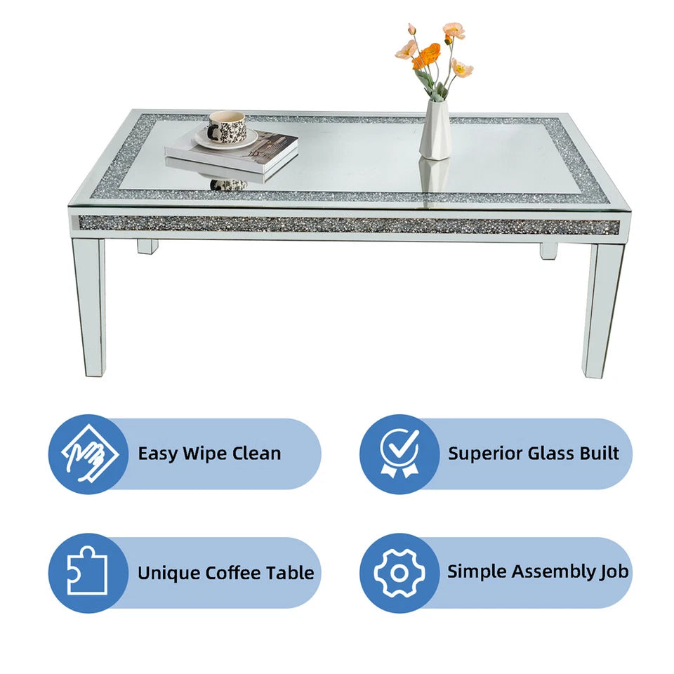 Silver Mirrored Coffee Table with Crushed Crystal Diamond Inlay Rectangular Center Table for Living Room