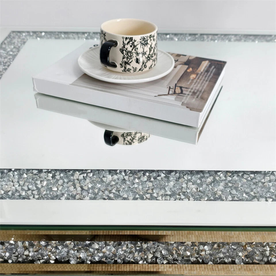 Silver Mirrored Coffee Table with Crushed Crystal Diamond Inlay Rectangular Center Table for Living Room