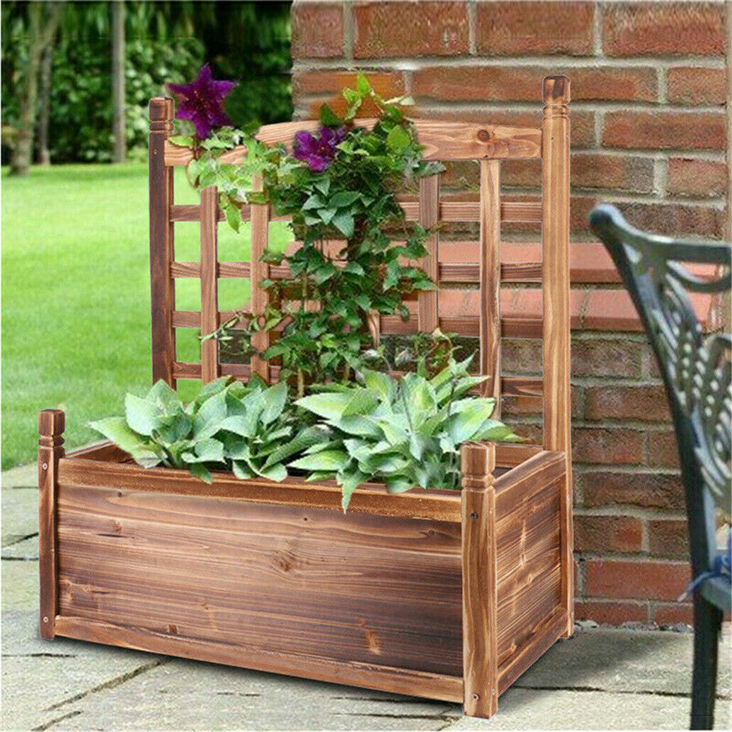Fin Large Wooden Planter Box Stand Flowerpot Box W/ Trellis Support Patio Lattice