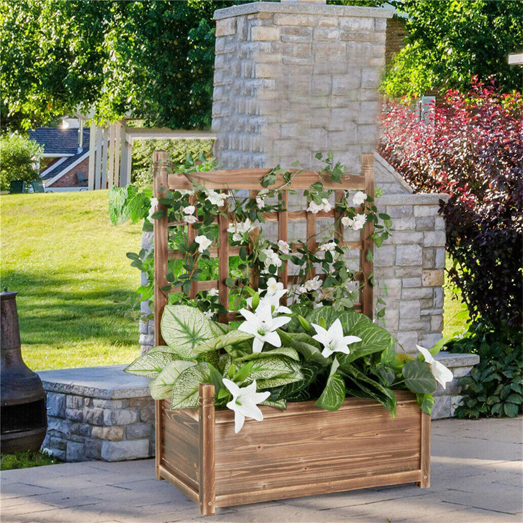 Fin Large Wooden Planter Box Stand Flowerpot Box W/ Trellis Support Patio Lattice