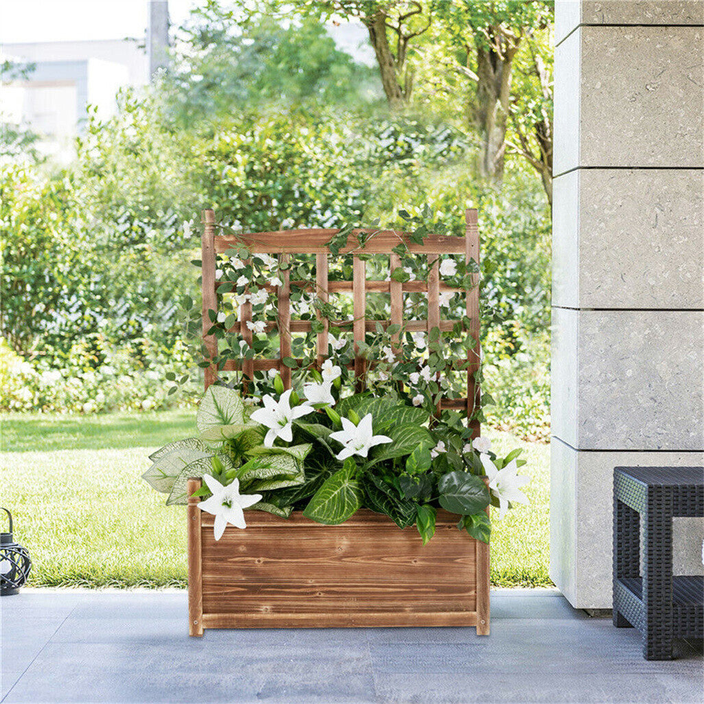 Fin Large Wooden Planter Box Stand Flowerpot Box W/ Trellis Support Patio Lattice
