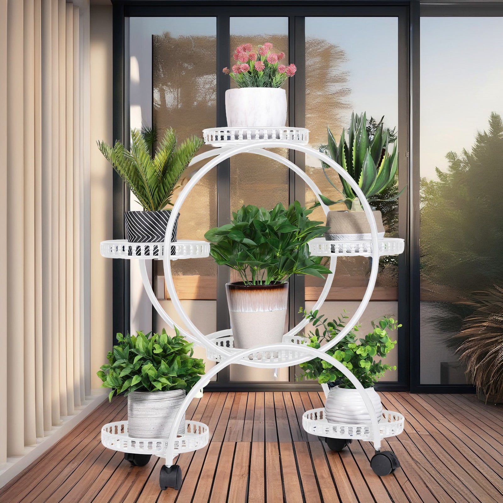 Fin White Metal Plant Stand 6-Potted Flower Pot Holder W Wheels 4 Tier Display Shelf
