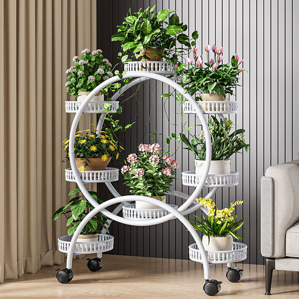 Fin White Metal Plant Stand 6-Potted Flower Pot Holder W Wheels 4 Tier Display Shelf