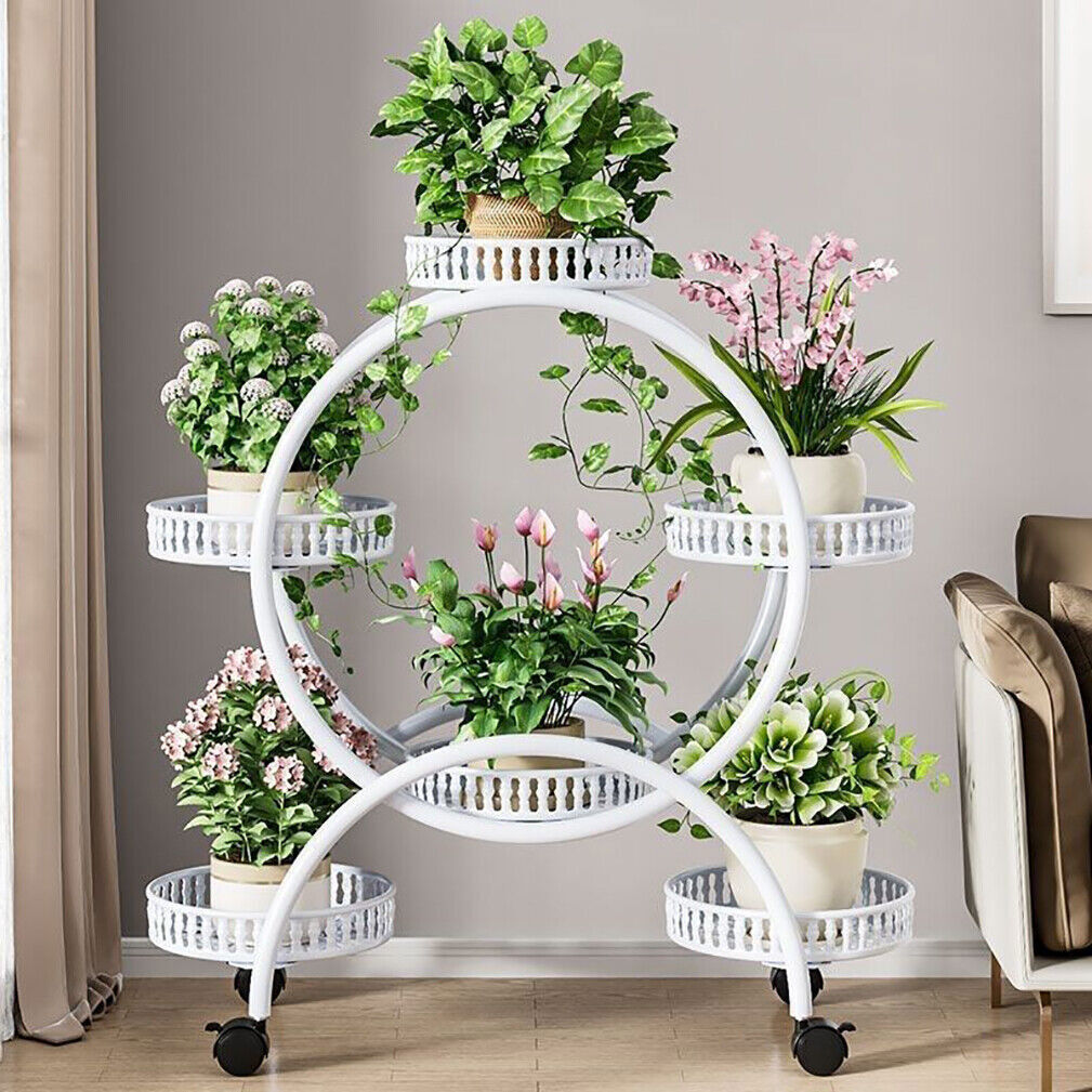 Fin White Metal Plant Stand 6-Potted Flower Pot Holder W Wheels 4 Tier Display Shelf