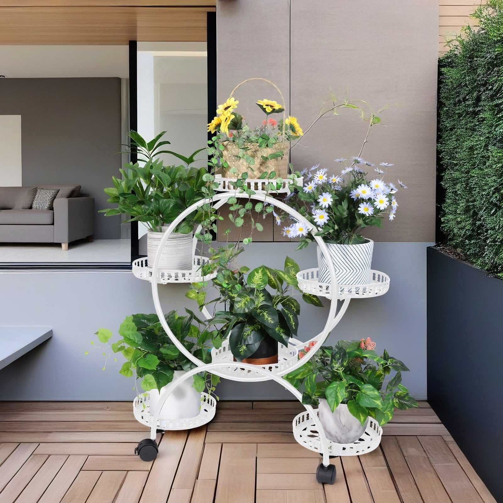 Fin White Metal Plant Stand 6-Potted Flower Pot Holder W Wheels 4 Tier Display Shelf