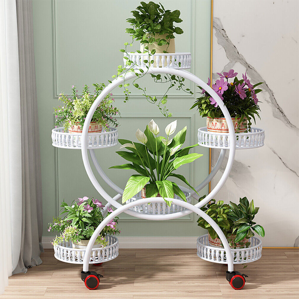 Fin White Metal Plant Stand 6-Potted Flower Pot Holder W Wheels 4 Tier Display Shelf
