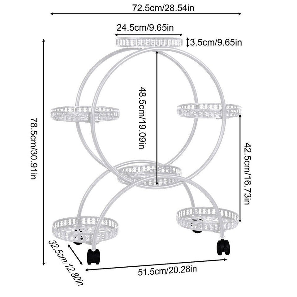 Fin White Metal Plant Stand 6-Potted Flower Pot Holder W Wheels 4 Tier Display Shelf