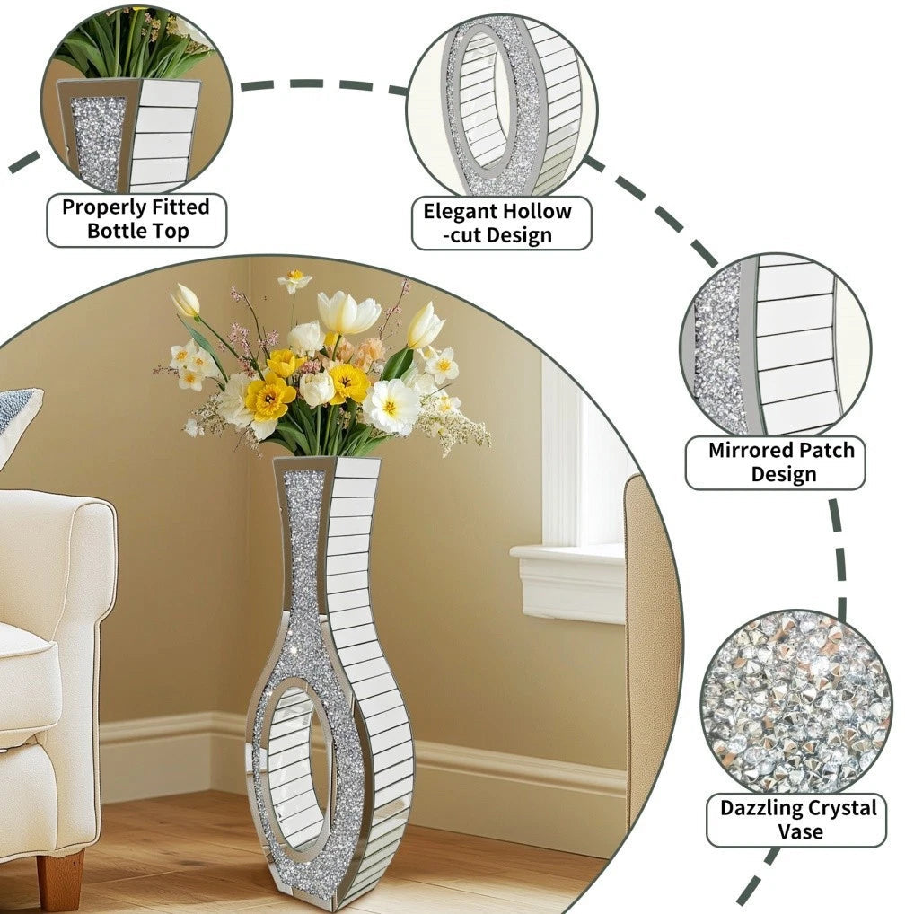 30-Inch Tall Double Sided Crushed Diamond Floor Vase Large Mirrored Silver Crystal Décor