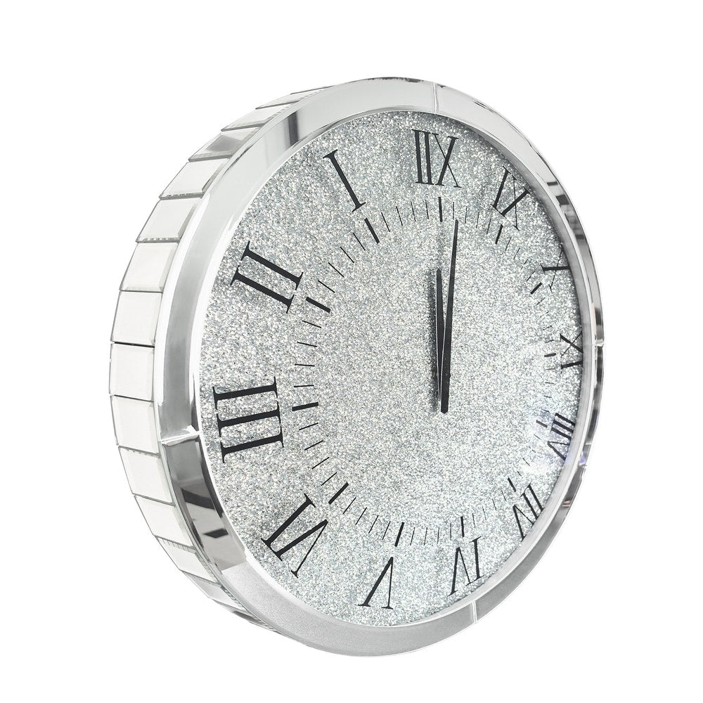 Large Silver Wall Clock Twinkle Crushed Diamond Mirrored Clock With Beveled Edge