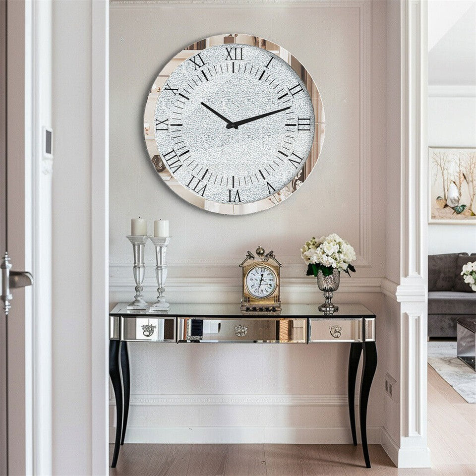 Large Silver Wall Clock Twinkle Crushed Diamond Mirrored Clock With Beveled Edge