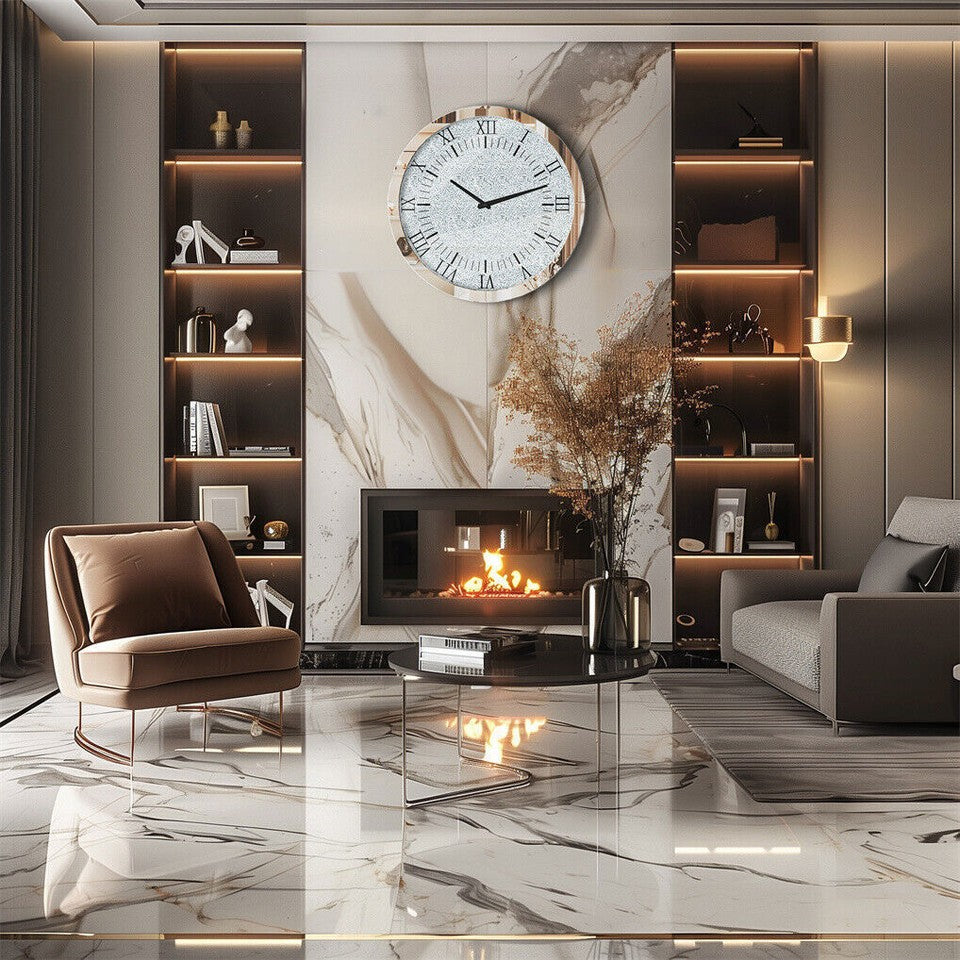 Large Silver Wall Clock Twinkle Crushed Diamond Mirrored Clock With Beveled Edge