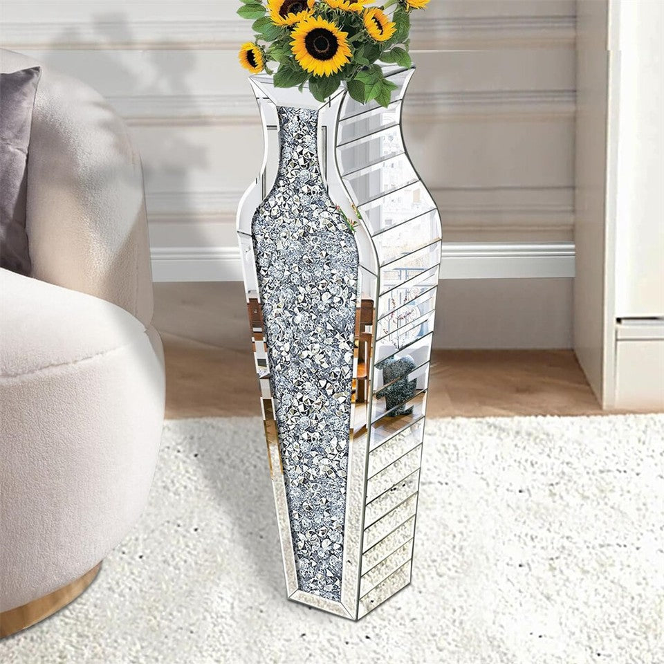 Sparkling Crushed Diamond Mirrored Floor Vase Tall Silver Glass Fake Flower Vase
