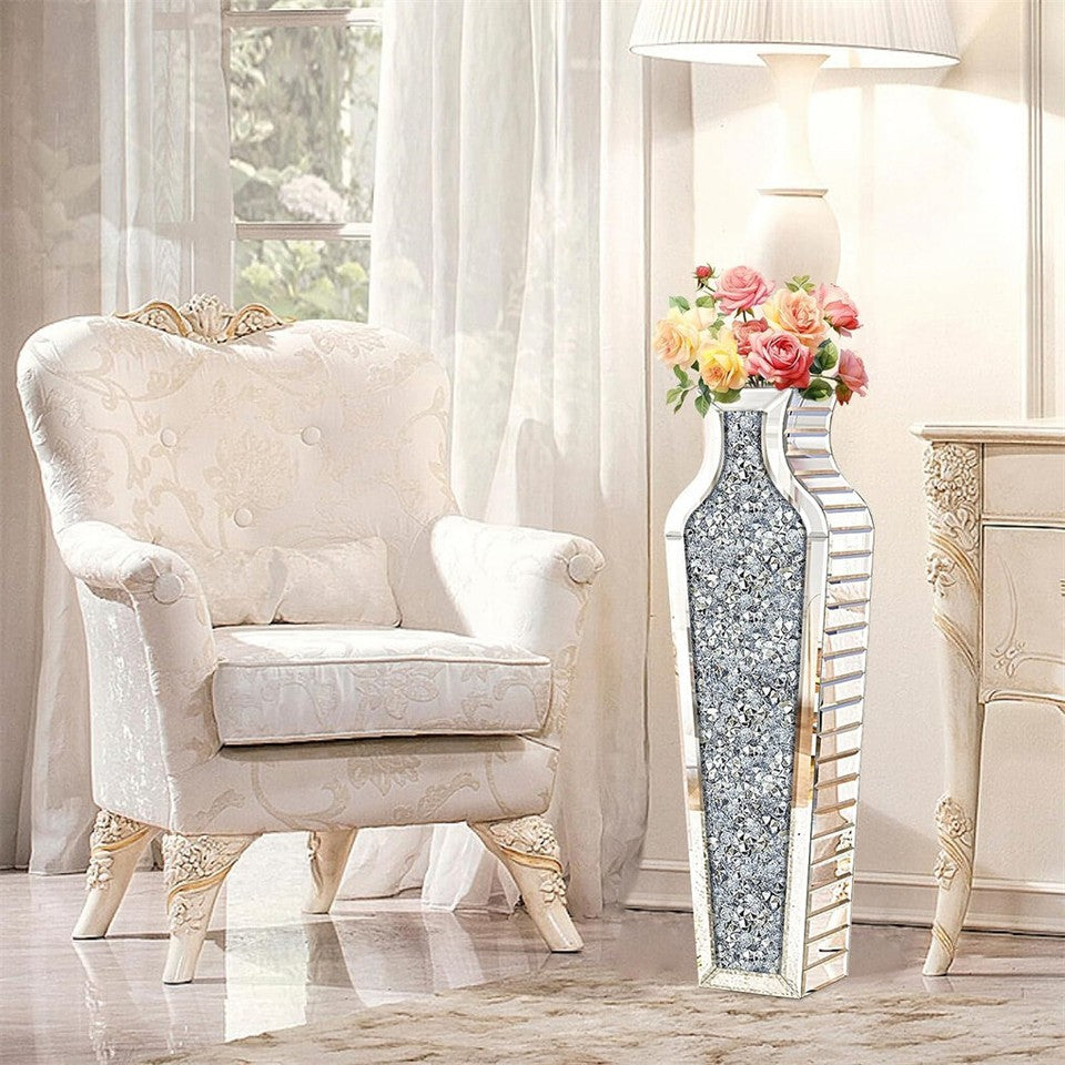 Sparkling Crushed Diamond Mirrored Floor Vase Tall Silver Glass Fake Flower Vase
