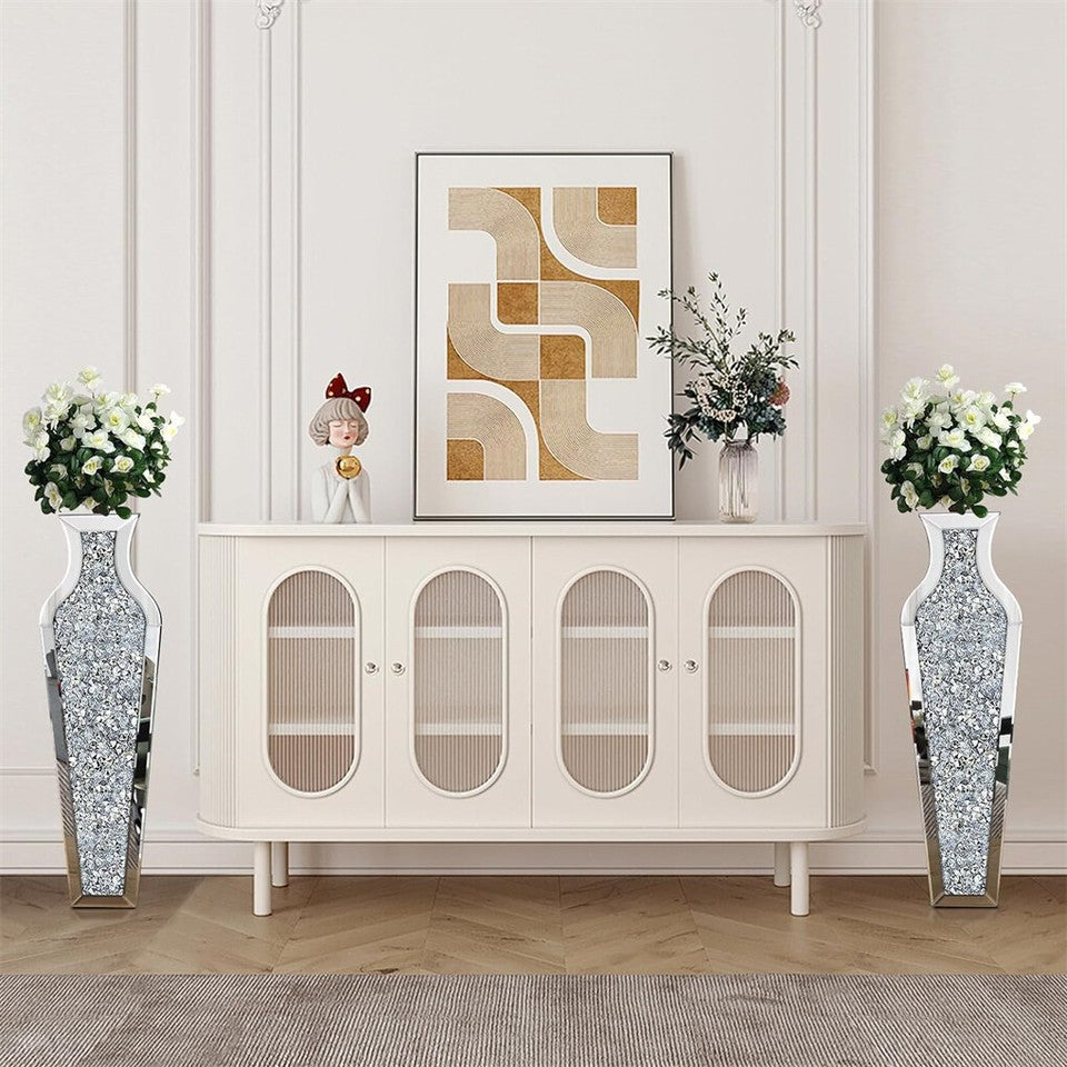 Sparkling Crushed Diamond Mirrored Floor Vase Tall Silver Glass Fake Flower Vase