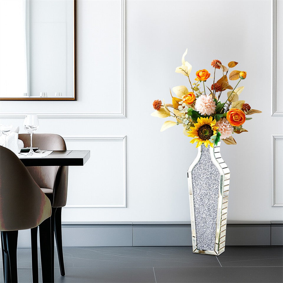 Sparkling Crushed Diamond Mirrored Floor Vase Tall Silver Glass Fake Flower Vase