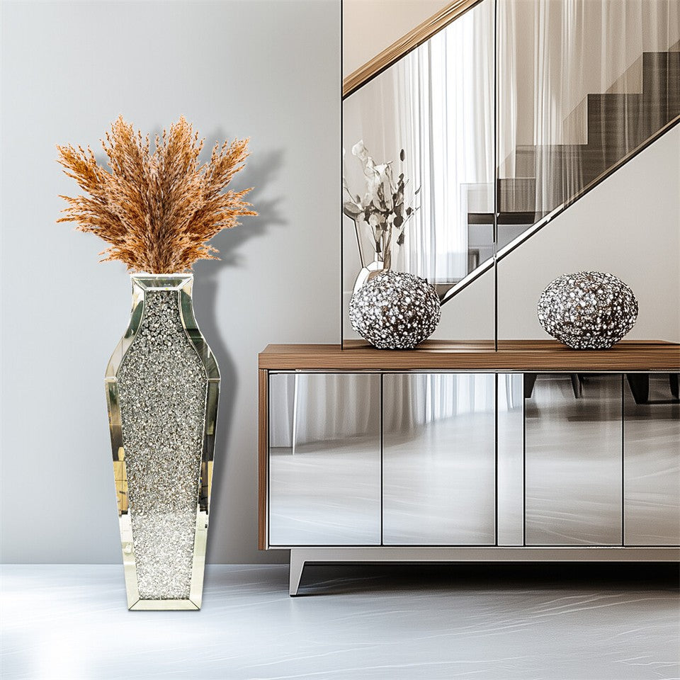 Sparkling Crushed Diamond Mirrored Floor Vase Tall Silver Glass Fake Flower Vase