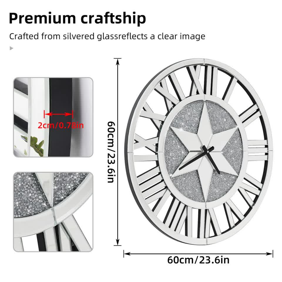 Sparkle Twinkle Crystal Diamond Wall Clock Silver Mirror Wall Decor Big Clocks