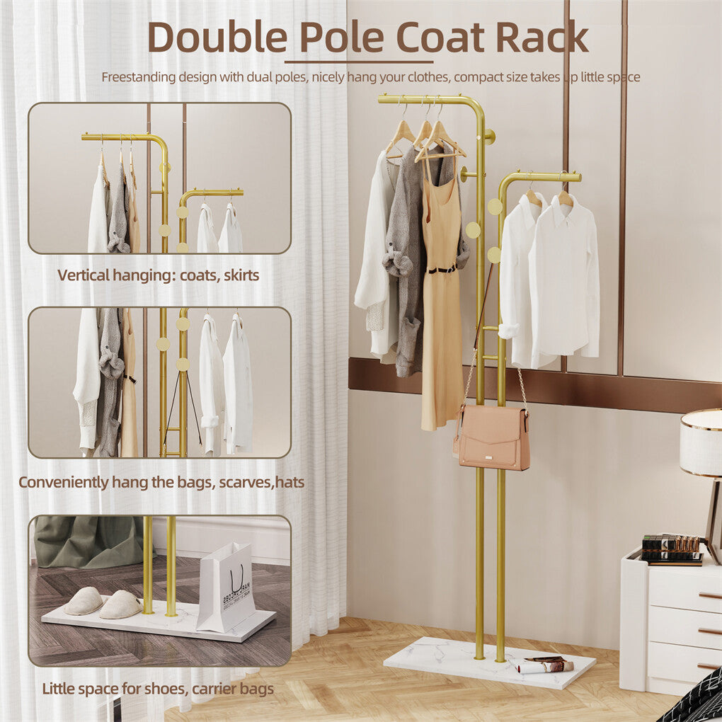 Double Pole Metal Coat Rack with Marble Base - Free Standing Clothes and Hat Stand AU