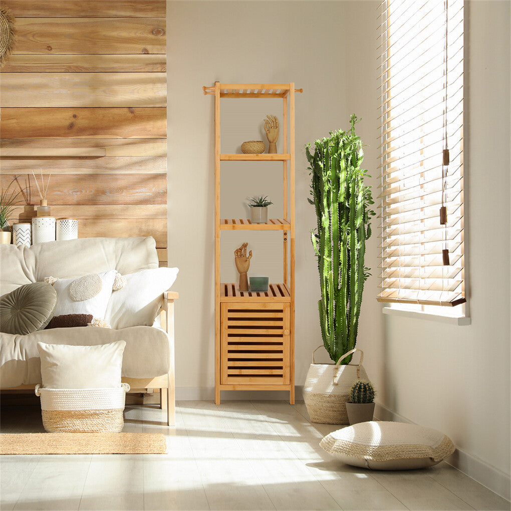 Large Bathroom Floor Cabinet Bamboo Storage Cupboard Living Room w/ Hook & Shelf