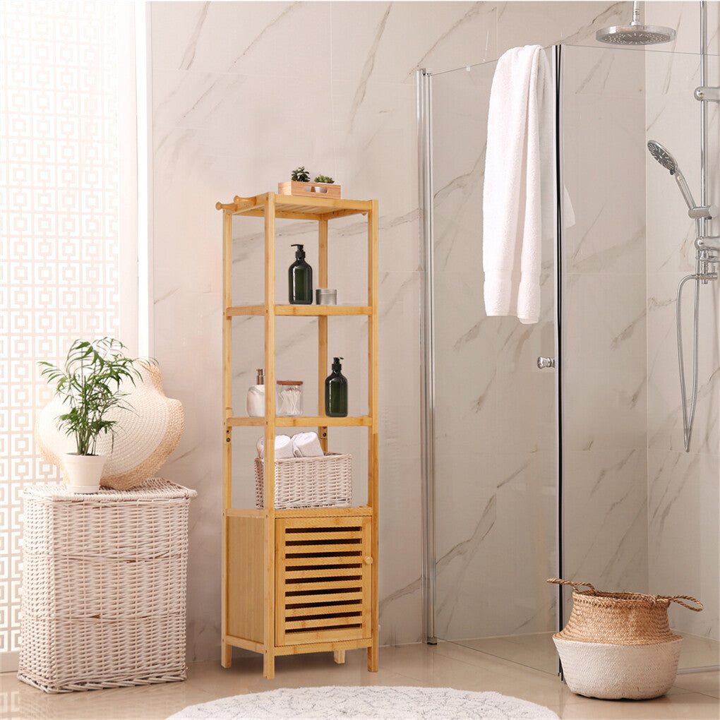 Large Bathroom Floor Cabinet Bamboo Storage Cupboard Living Room w/ Hook & Shelf
