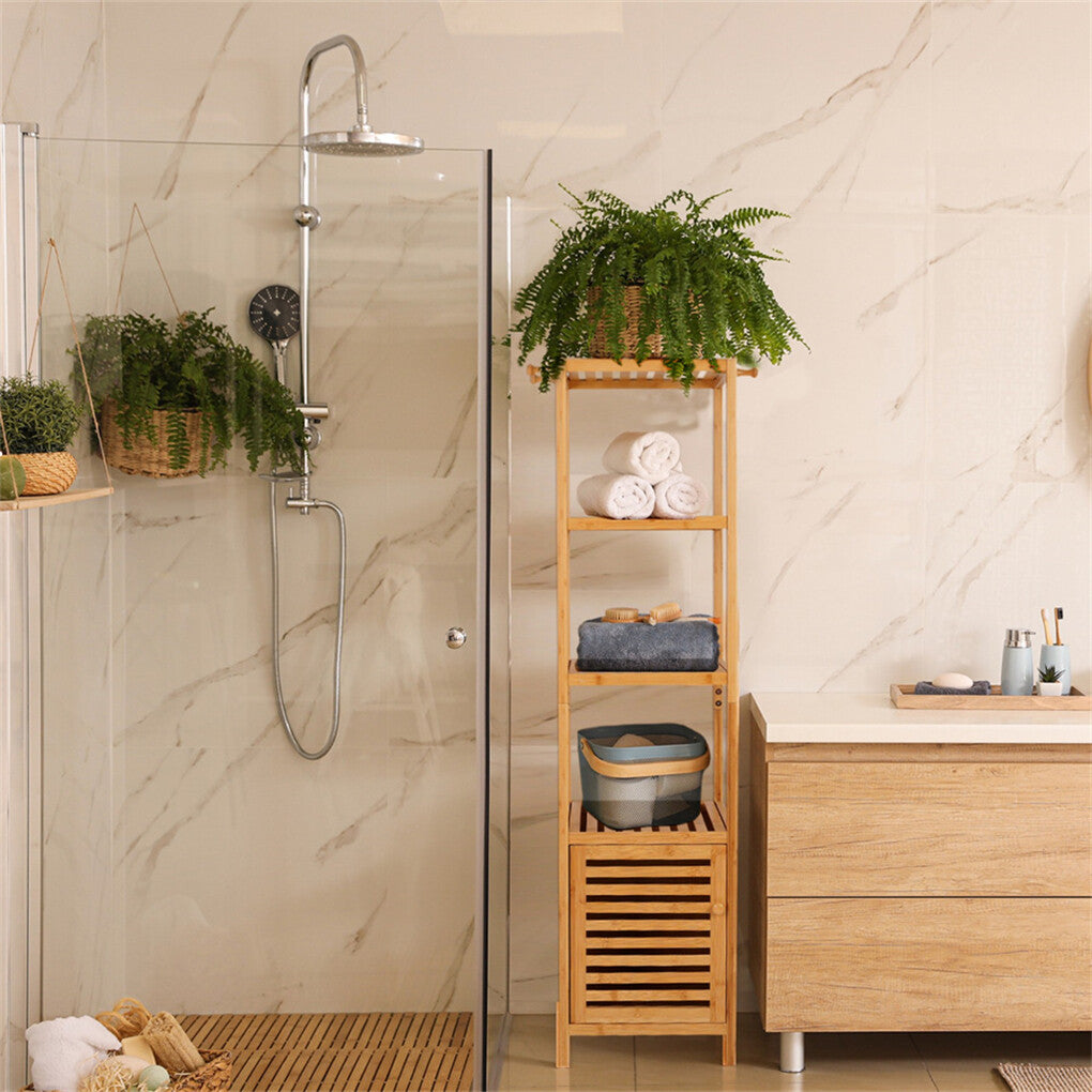 Large Bathroom Floor Cabinet Bamboo Storage Cupboard Living Room w/ Hook & Shelf