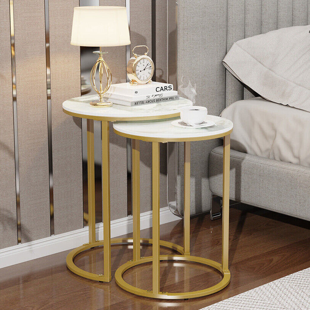 2Pcs Gold Marble Nesting Side End Tables Round Small Stacking Drink Coffee Table