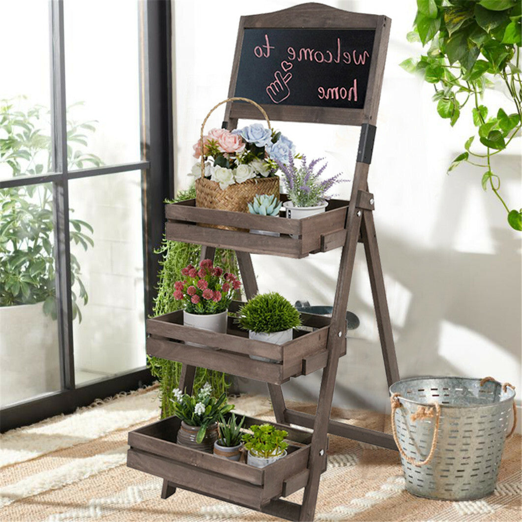 3-Tier A-Frame Wooden Sidewalk Sign Chalkboard With Display Shelf Planter Stand