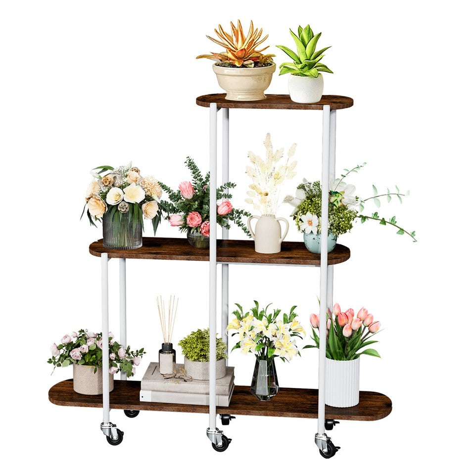FIN Vintage Plant Holder 3 Tiers Storage Shelf Unit with Lockable Casters Garden