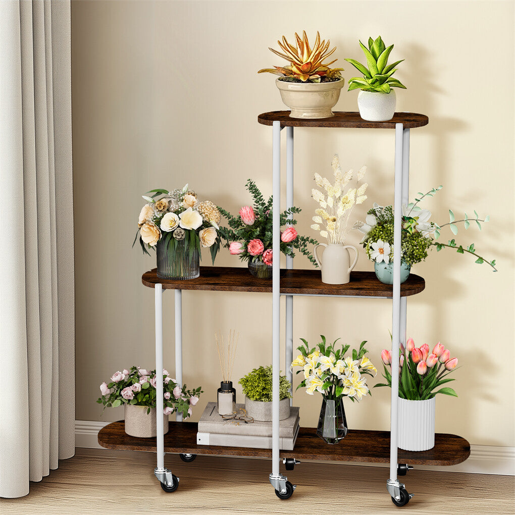 FIN Vintage Plant Holder 3 Tiers Storage Shelf Unit with Lockable Casters Garden